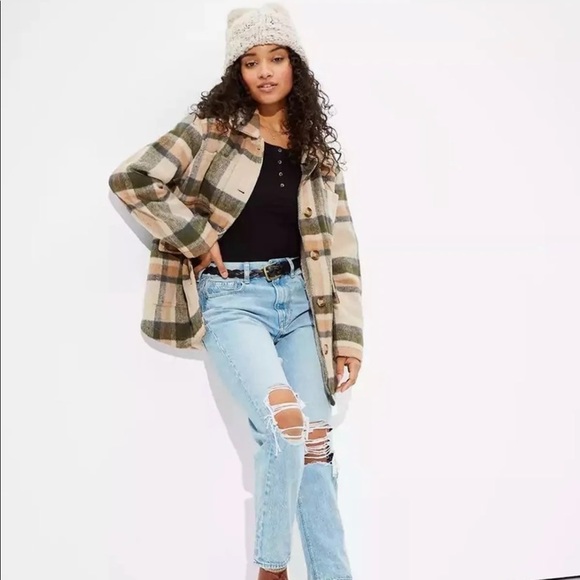 ae oversized plaid button up jacket